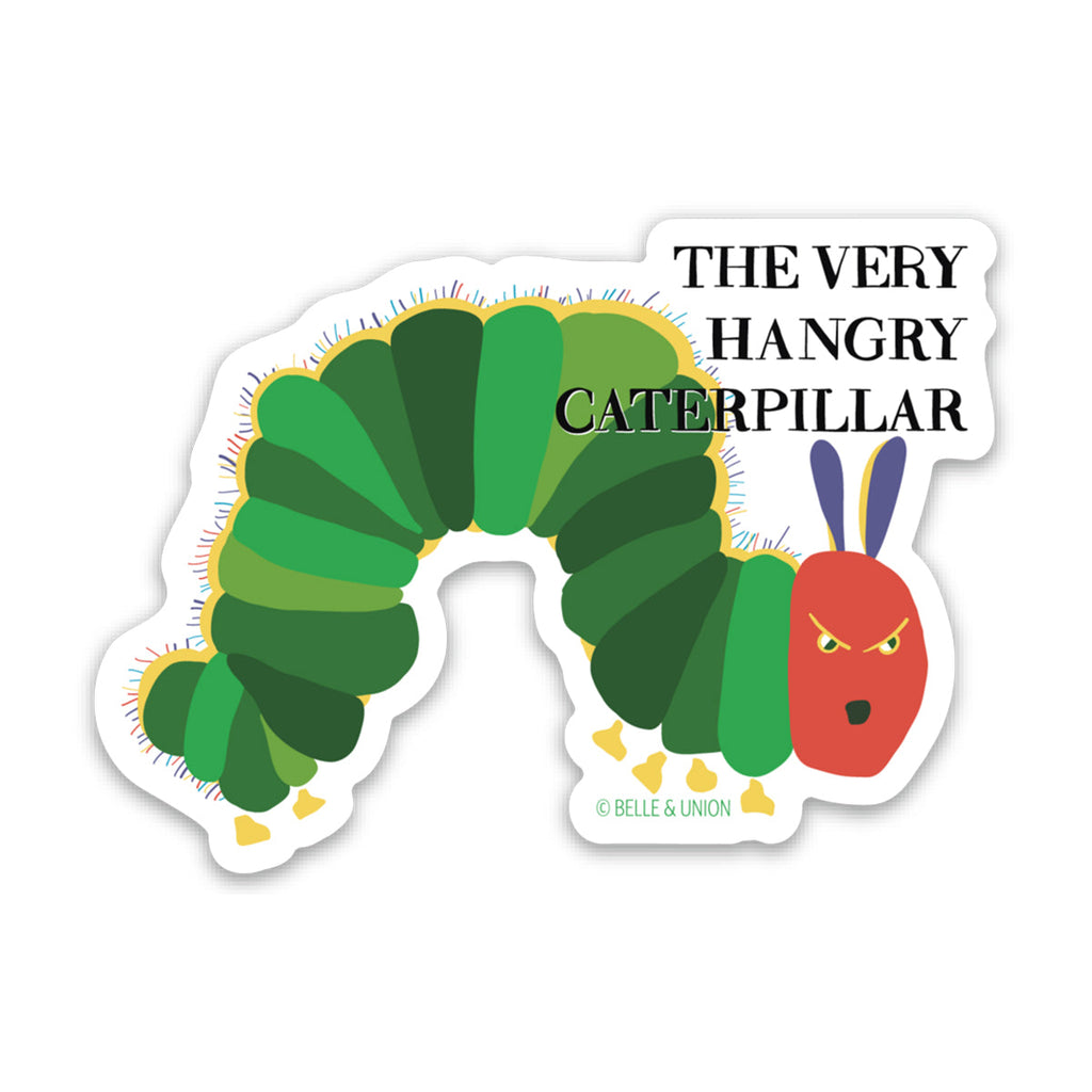 Sticker in the image of a green caterpillar with red angry face. Black text saying,