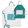 Teal bib apron with white inset square. Images of white teacups. White strap around neck and white strap ties around waist. White bib apron with teal inset square. Image of white teapots. Teal strap around neck and teal strap ties around waist.