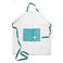 Teal bib apron with white inset square. Images of white teacups. White strap around neck and white strap ties around waist. White bib apron with teal inset square. Image of white teapots. Teal strap around neck and teal strap ties around waist.