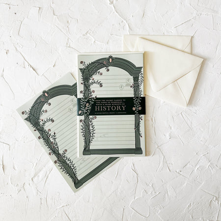 Letter writing sets with decorative cover and envelope on a textured white surface