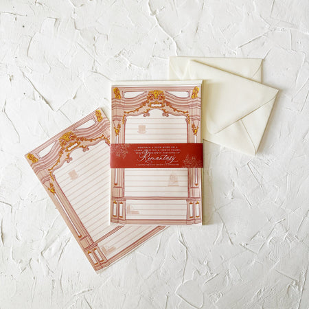 Letter writing sheets with a romantic styled bookcase and romantasy icons